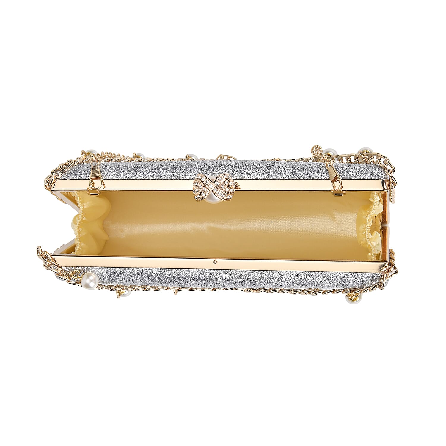 Set of 3, Silver Color Sparkling Clutch Bag with Clasp Closure with Pearl Station Bracelet (7.5-8.5In) and Necklace (18-20In) in Goldtone