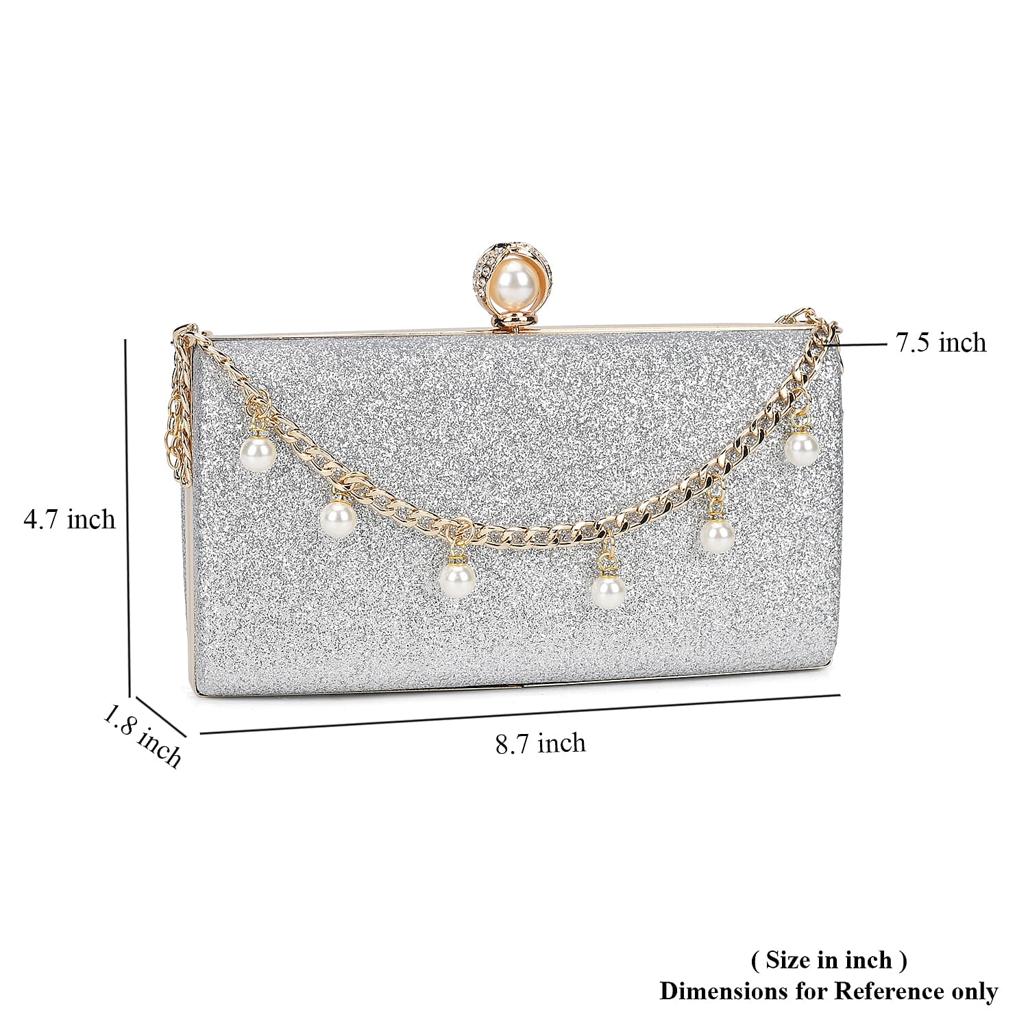Set of 3, Silver Color Sparkling Clutch Bag with Clasp Closure with Pearl Station Bracelet (7.5-8.5In) and Necklace (18-20In) in Goldtone