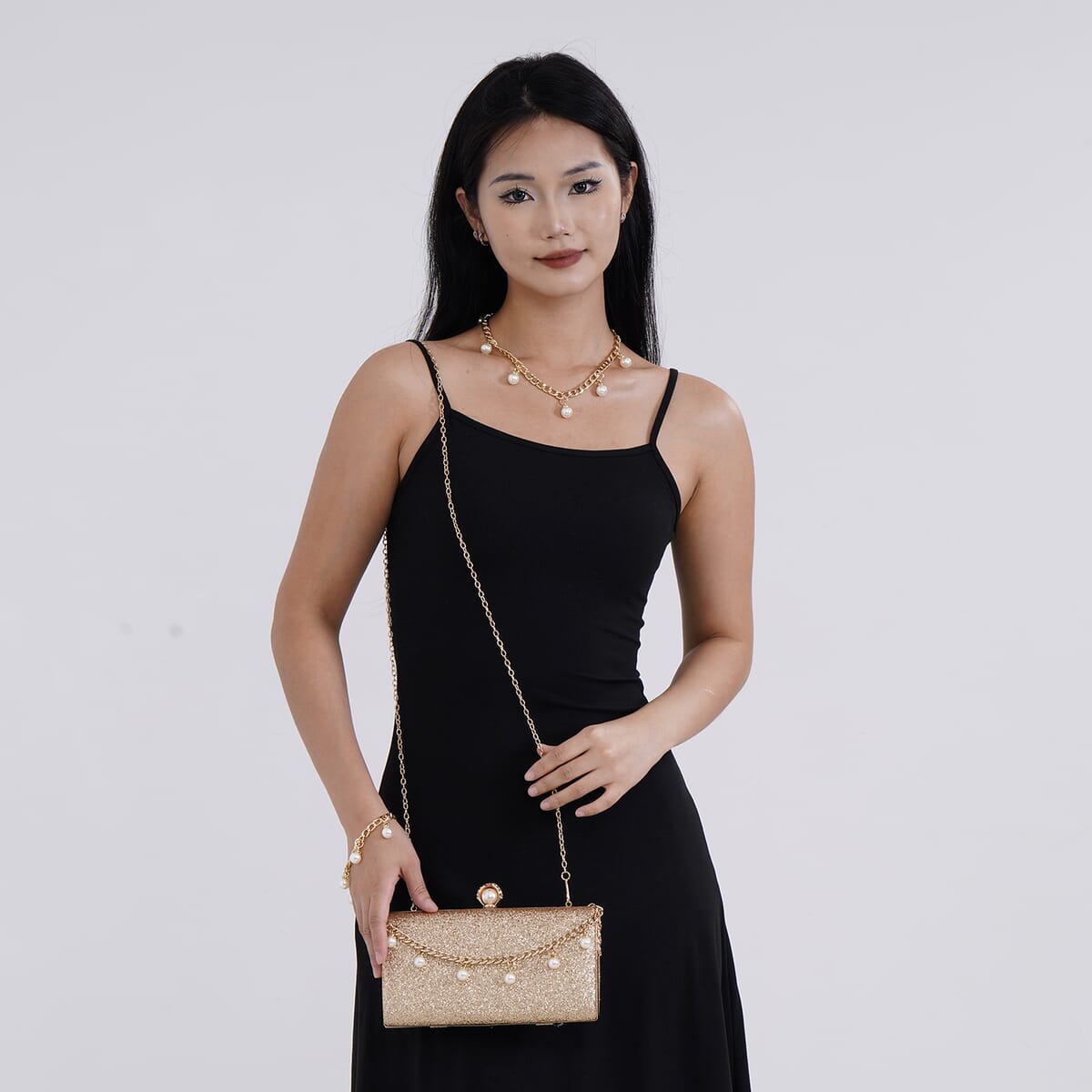 Set of 3, Gold Color Sparkling Clutch Bag with Clasp Closure with Pearl Station Bracelet (7.5-8.5In) and Necklace (18-20In) in Goldtone image number 1