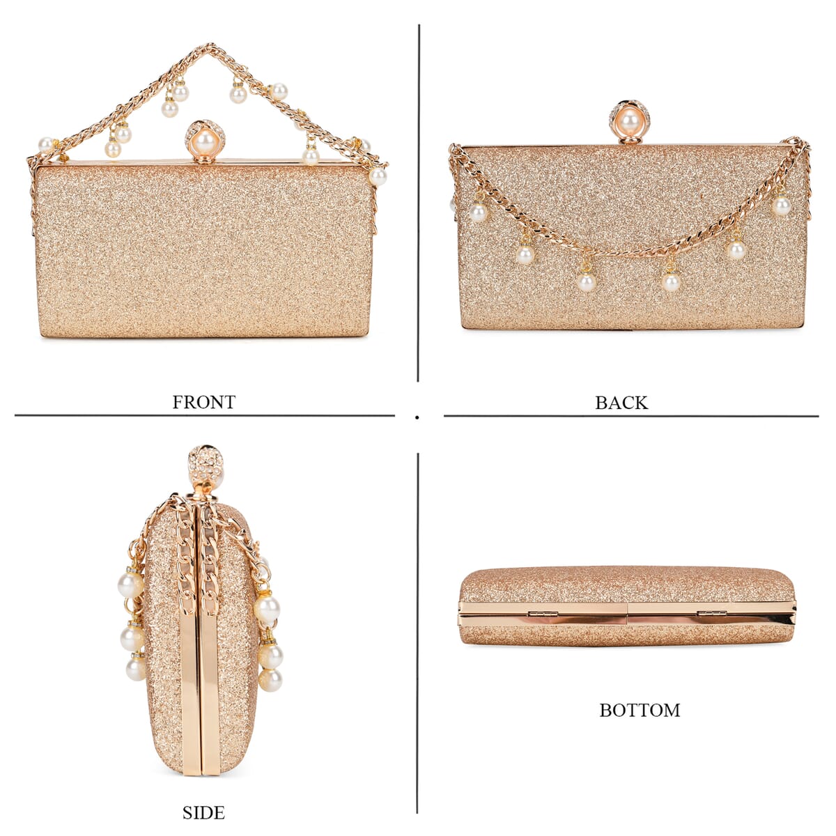Set of 3, Gold Color Sparkling Clutch Bag with Clasp Closure with Pearl Station Bracelet (7.5-8.5In) and Necklace (18-20In) in Goldtone image number 3