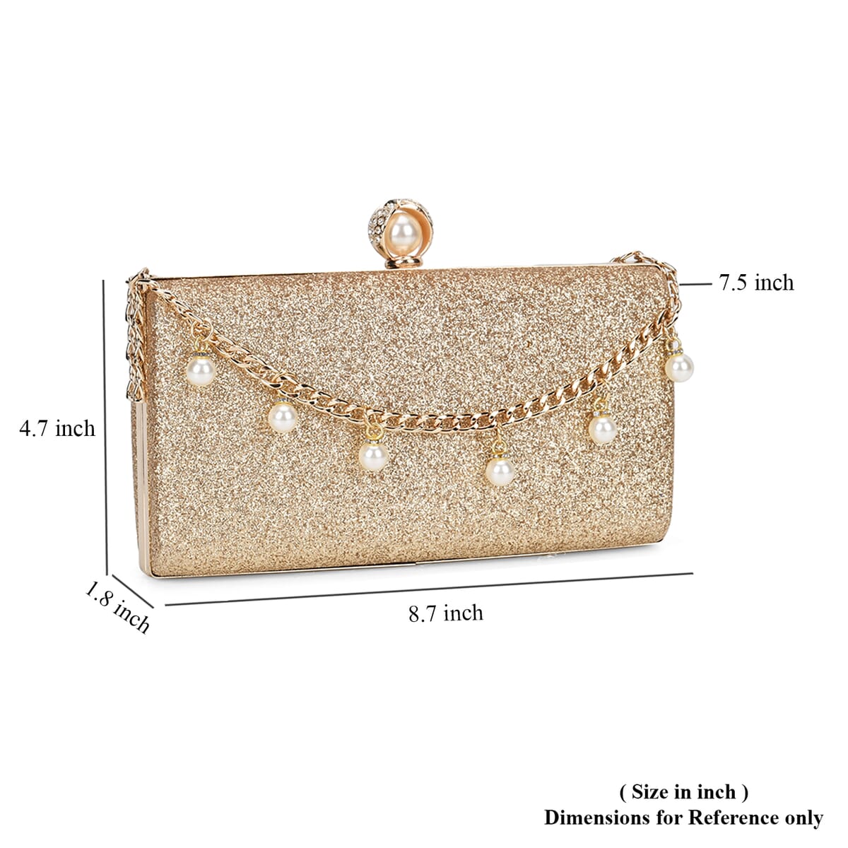 Set of 3, Gold Color Sparkling Clutch Bag with Clasp Closure with Pearl Station Bracelet (7.5-8.5In) and Necklace (18-20In) in Goldtone image number 7