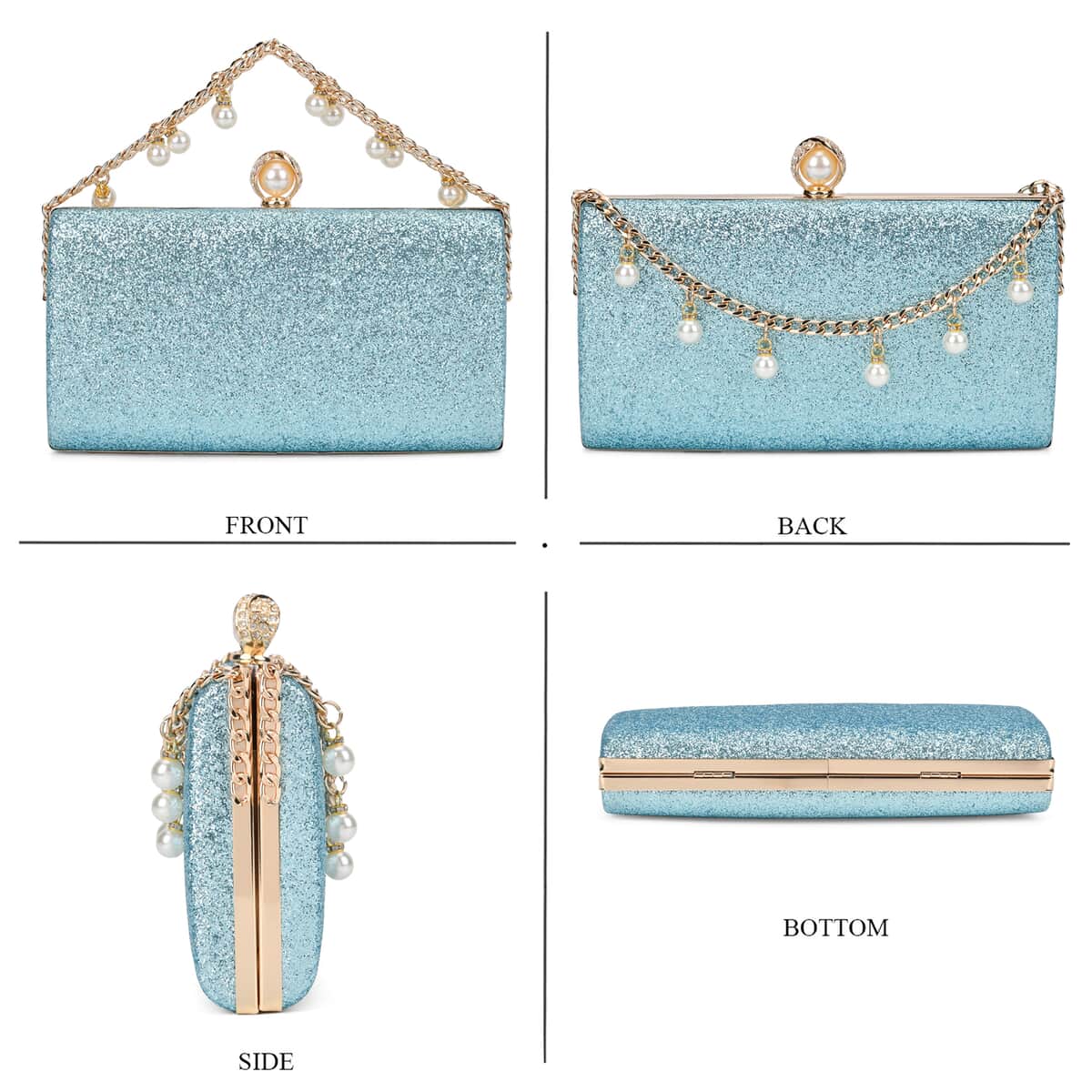 Doorbuster, Set of 3, Blue Color Sparkling Clutch with matching White Pearl Bracelet (7.5-8.5 inch) and Necklace (18-20 inch) With Gold tone  image number 3