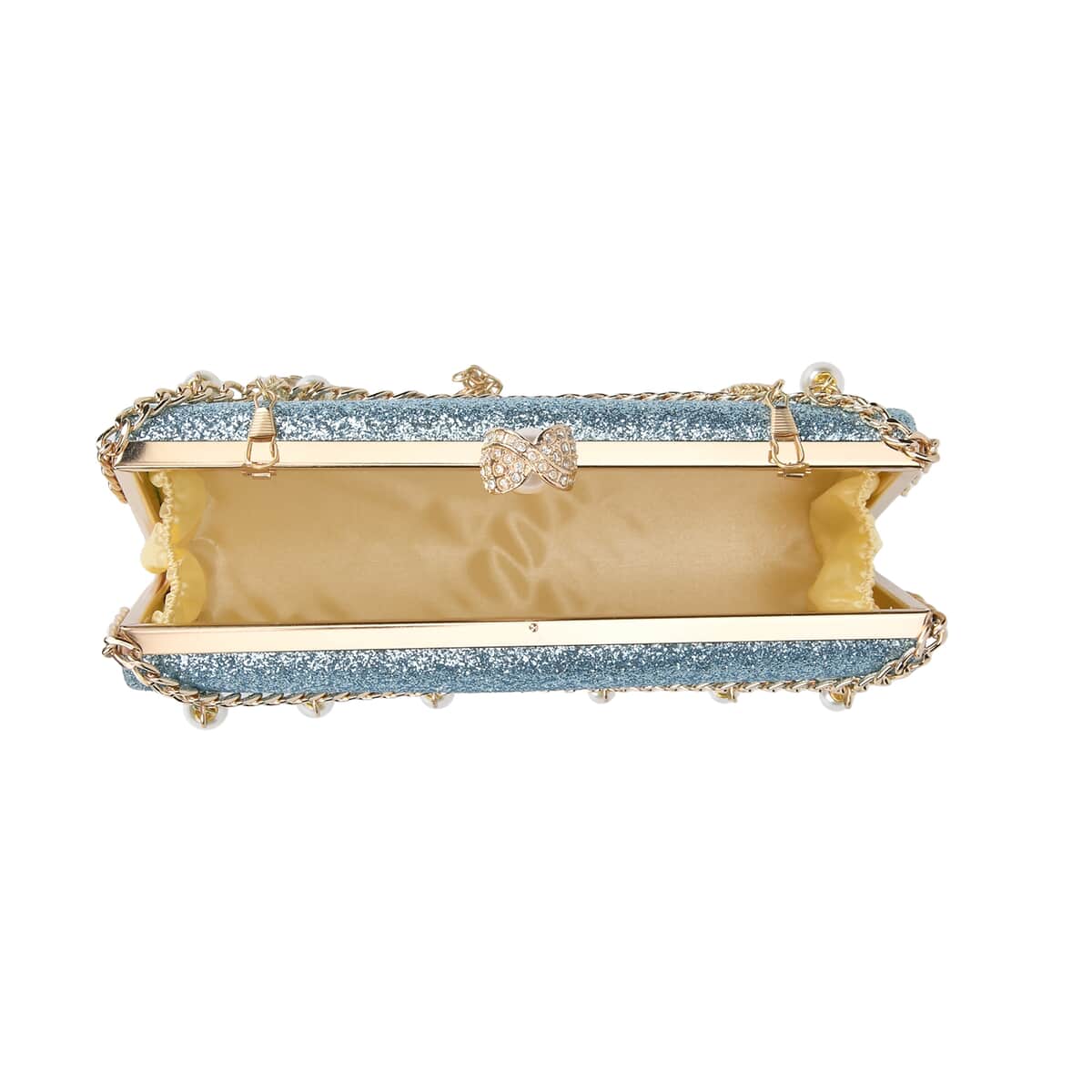 Doorbuster, Set of 3, Blue Color Sparkling Clutch with matching White Pearl Bracelet (7.5-8.5 inch) and Necklace (18-20 inch) With Gold tone  image number 4