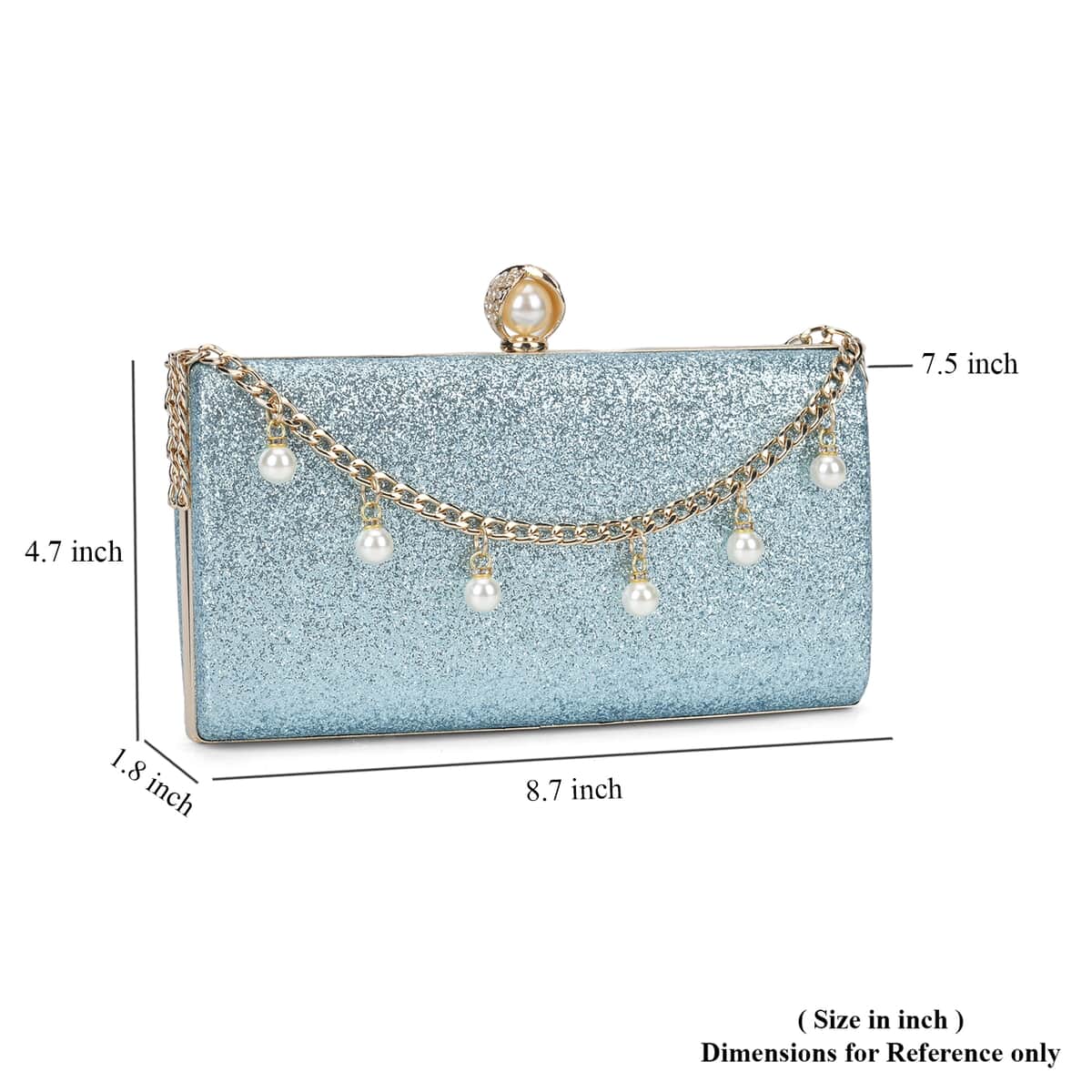 Doorbuster, Set of 3, Blue Color Sparkling Clutch with matching White Pearl Bracelet (7.5-8.5 inch) and Necklace (18-20 inch) With Gold tone  image number 7