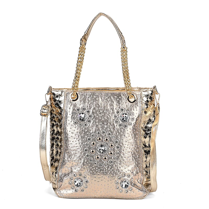 Gold Fashionable Spacious Crystal Tote Bag