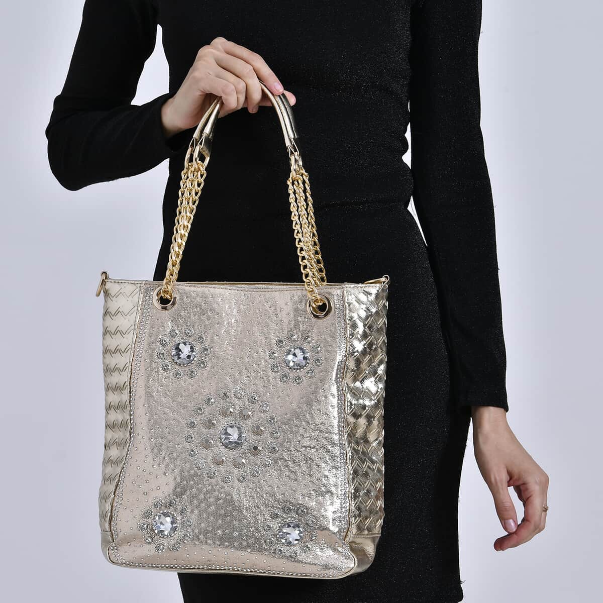 Gold Fashionable Spacious Crystal Tote Bag image number 2