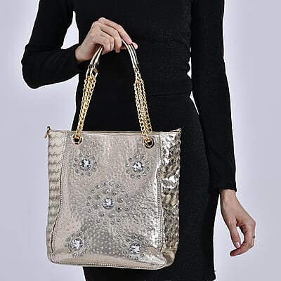 Gold Fashionable Spacious Crystal Tote Bag