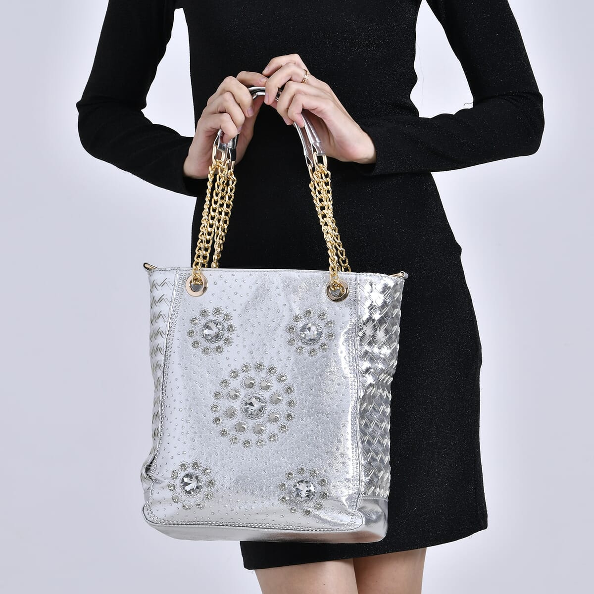Silver Fashionable Spacious Crystal Tote Bag image number 2