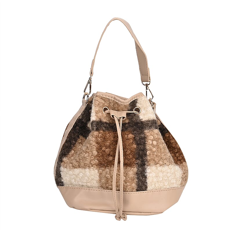 Beige with Checker Pattern Faux Fur Bucket Crossbody Bag