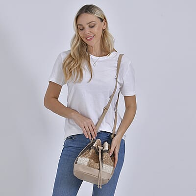 Beige with Checker Pattern Faux Fur Bucket Crossbody Bag