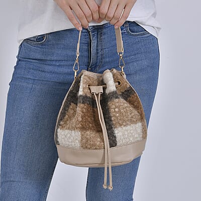 Beige with Checker Pattern Faux Fur Bucket Crossbody Bag