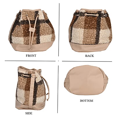Beige with Checker Pattern Faux Fur Bucket Crossbody Bag