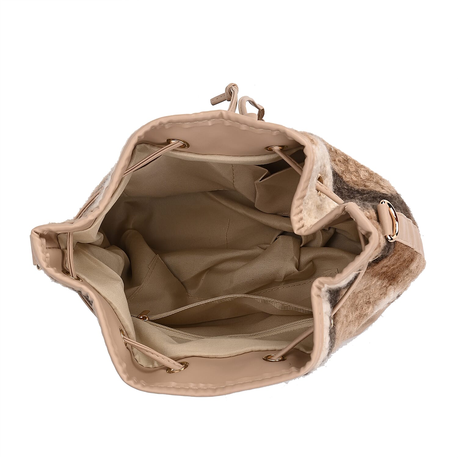 Beige with Checker Pattern Faux Fur Bucket Crossbody Bag