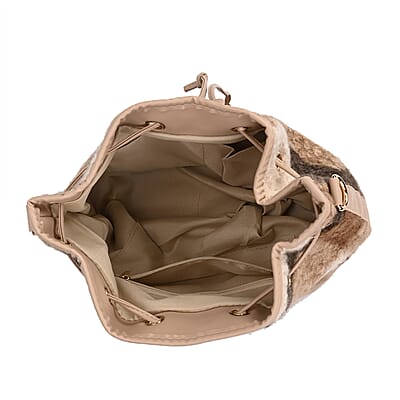 Beige with Checker Pattern Faux Fur Bucket Crossbody Bag