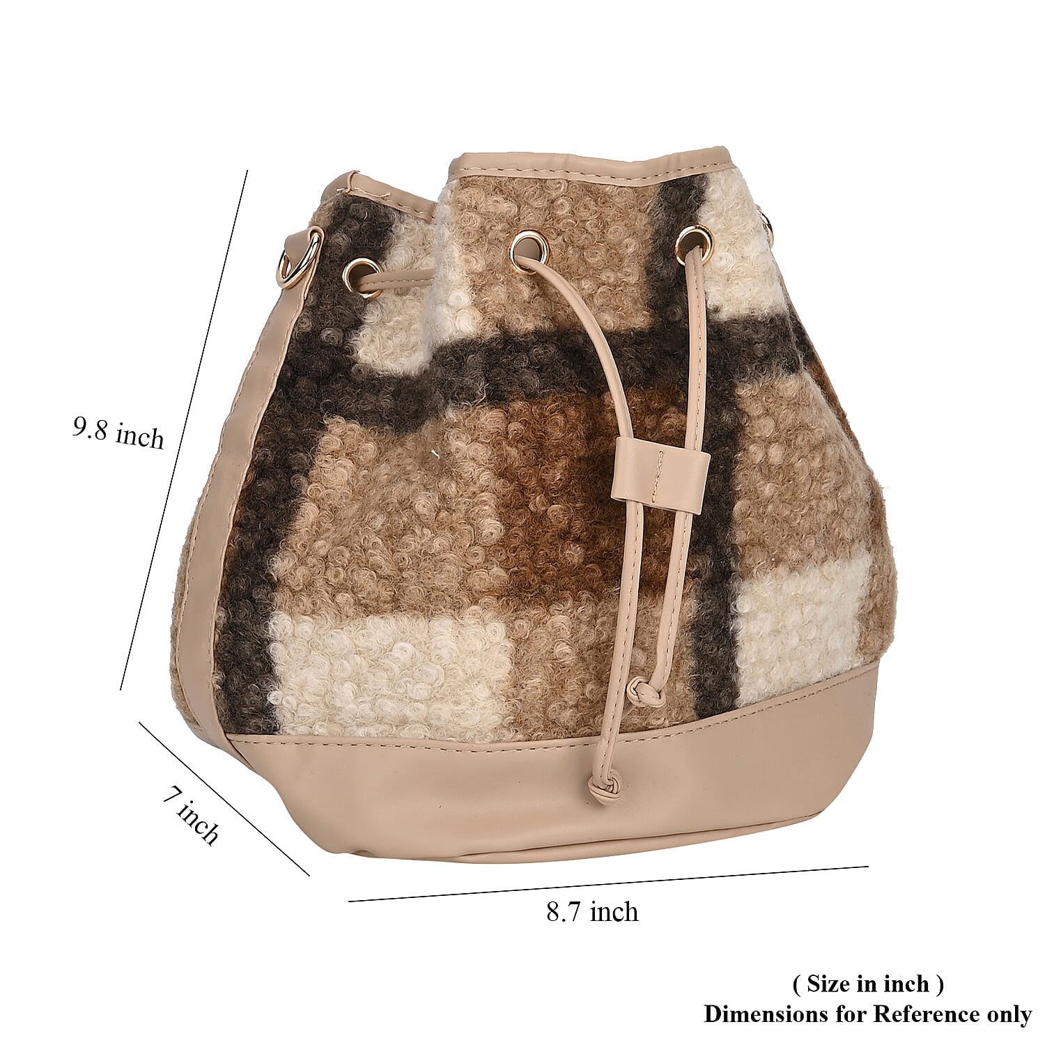 Beige with Checker Pattern Faux Fur Bucket Crossbody Bag