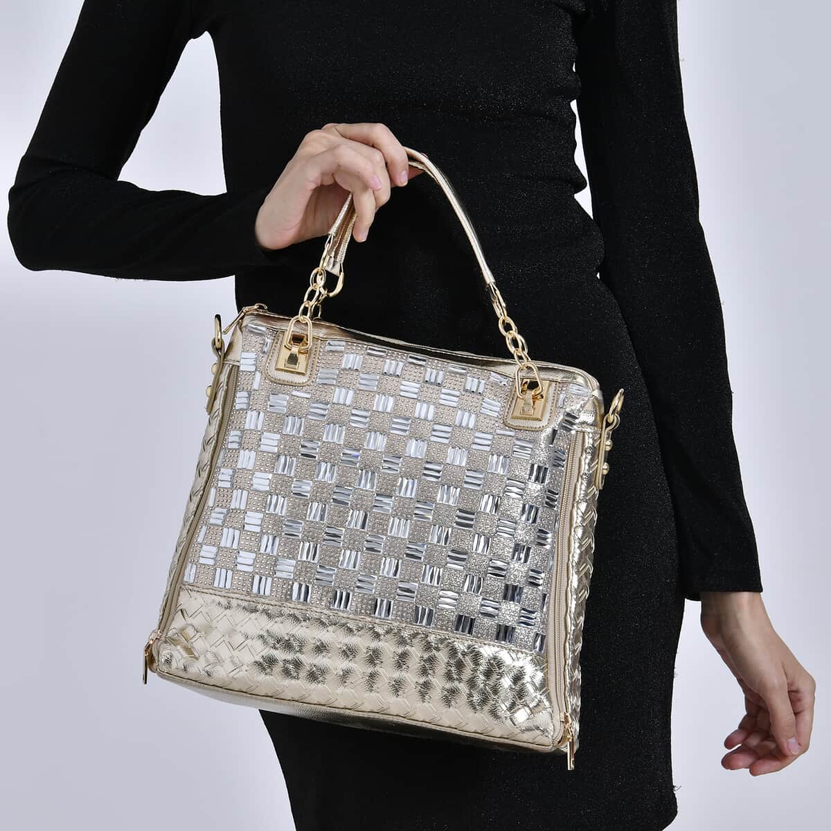 Gold Fashionable Spacious Crystal Tote Bag image number 2