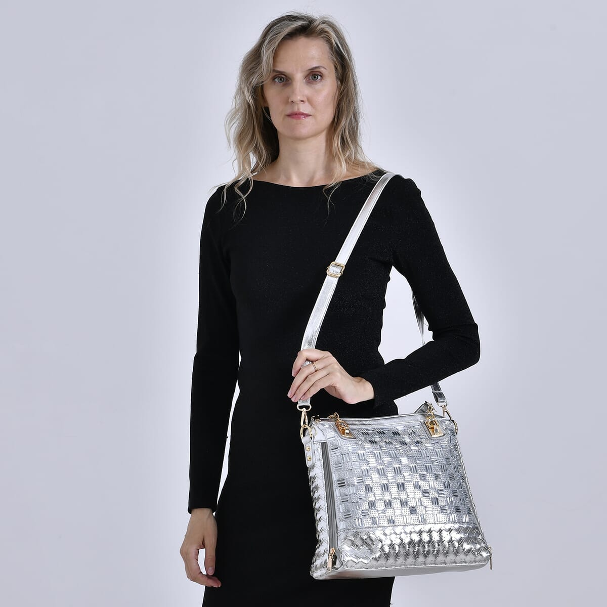 Silver Fashionable Spacious Crystal Tote Bag image number 1