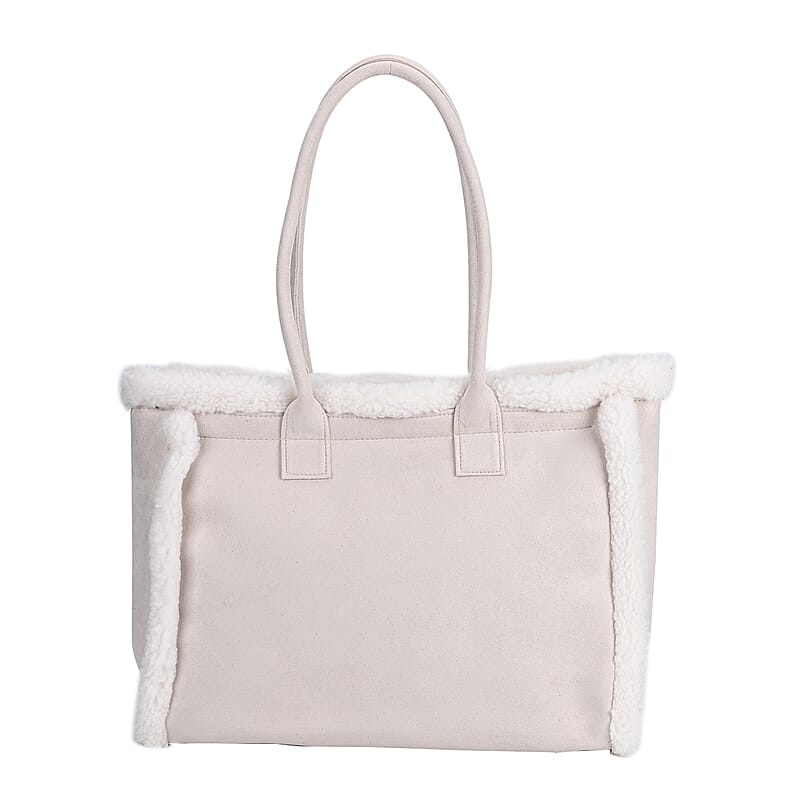 Beige Faux Fur Plush Tote Bag