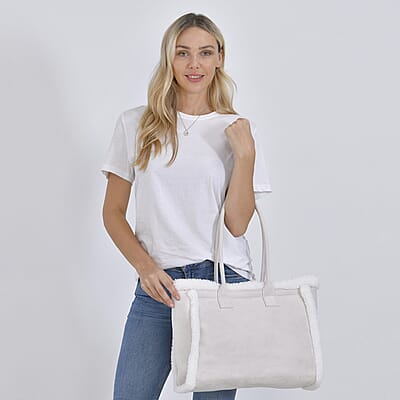 Beige Faux Fur Plush Tote Bag