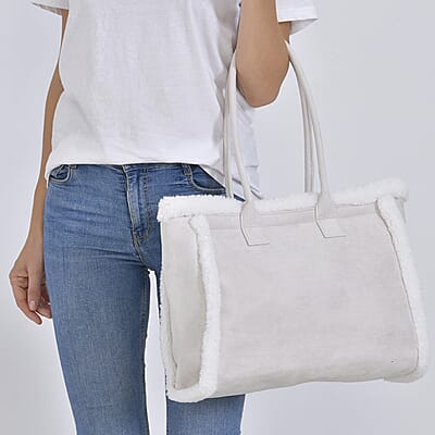 Beige Faux Fur Plush Tote Bag