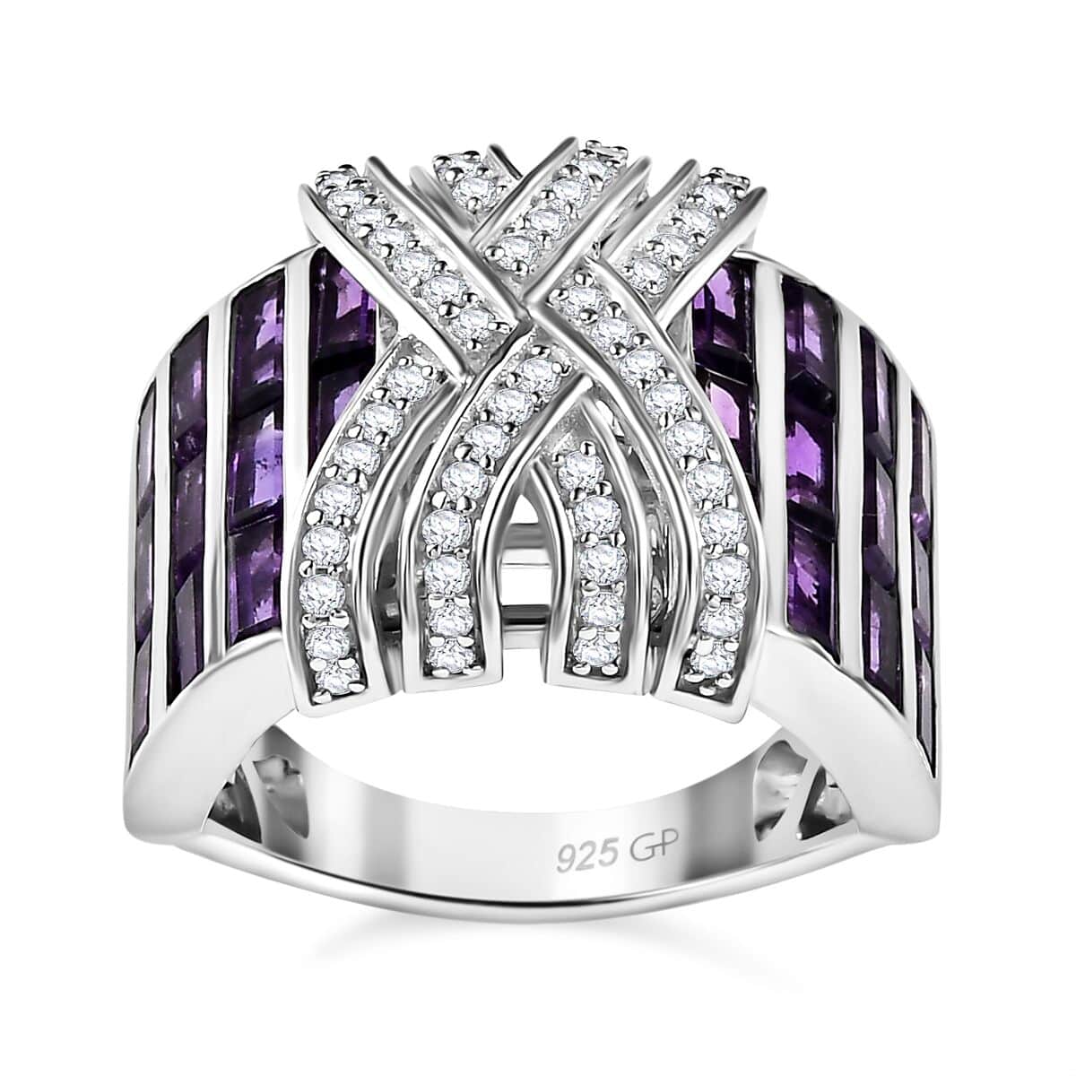 GP African Amethyst, White Zircon Ring in Rhodium Over Sterling Silver (Size 10.0) 3.85 ctw image number 0