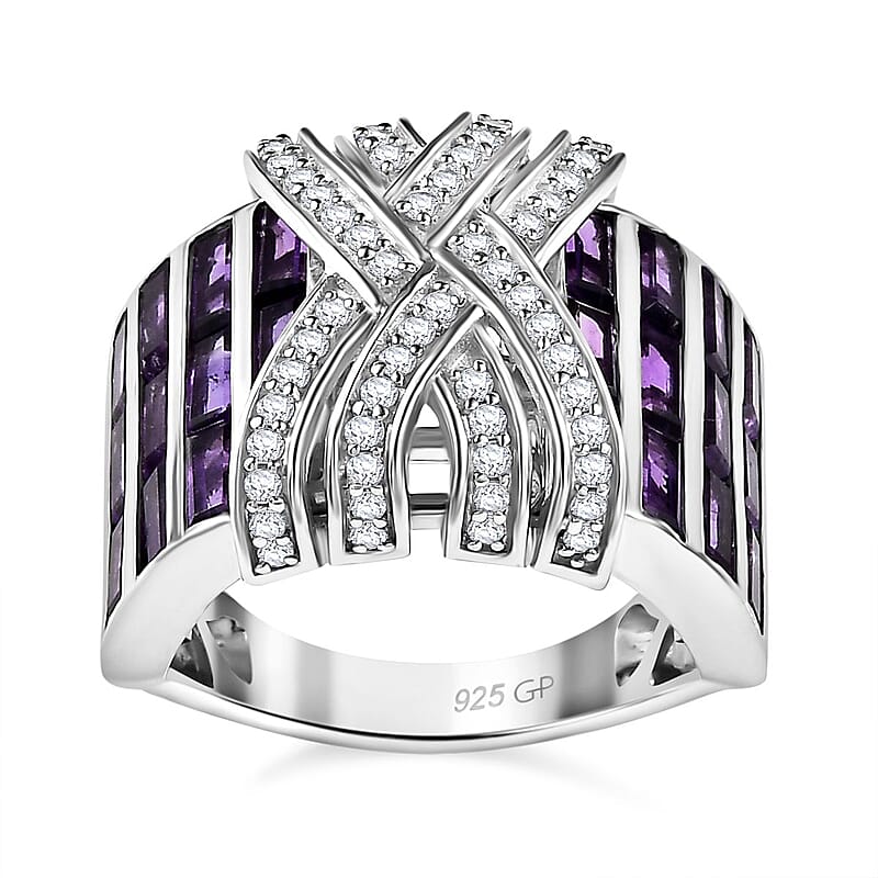 GP Royal Art Deco Collection African Amethyst and White Zircon 3.85 ctw Ring in Rhodium Over Sterling Silver (Size 10.0)
