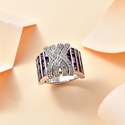 GP Royal Art Deco Collection African Amethyst and White Zircon 3.85 ctw Ring in Rhodium Over Sterling Silver (Size 10.0)