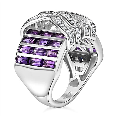 GP Royal Art Deco Collection African Amethyst and White Zircon 3.85 ctw Ring in Rhodium Over Sterling Silver (Size 10.0)