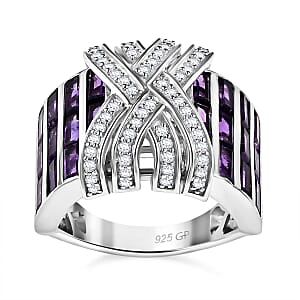 GP Royal Art Deco Collection African Amethyst and White Zircon 3.85 ctw Ring in Rhodium Over Sterling Silver (Size 7.0)