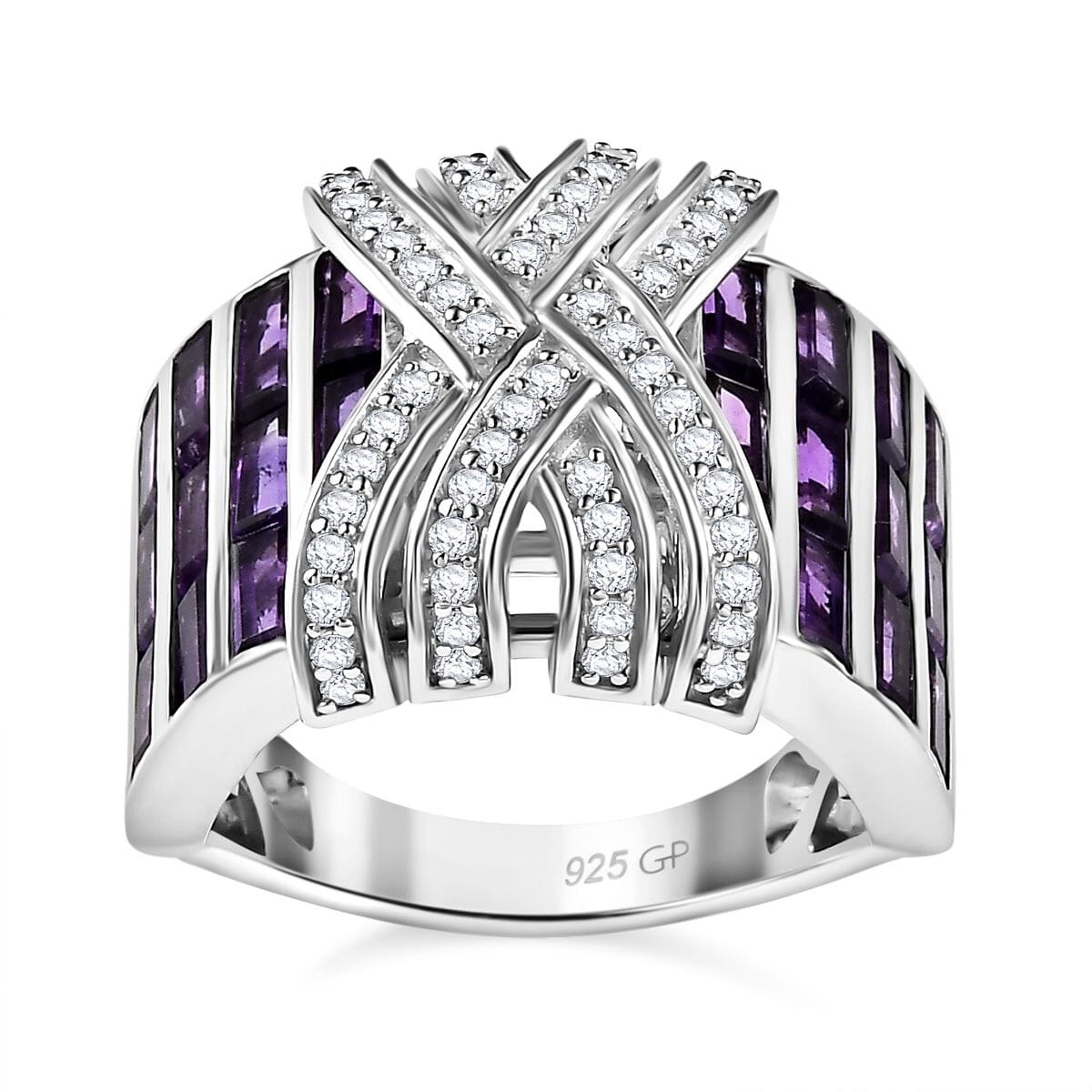 GP Royal Art Deco Collection African Amethyst and White Zircon 3.85 ctw Ring in Rhodium Over Sterling Silver (Size 8.0) image number 0
