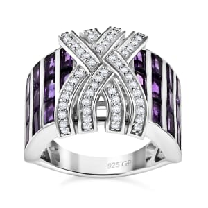 GP Royal Art Deco Collection African Amethyst and White Zircon 3.85 ctw Ring in Rhodium Over Sterling Silver (Size 8.0)
