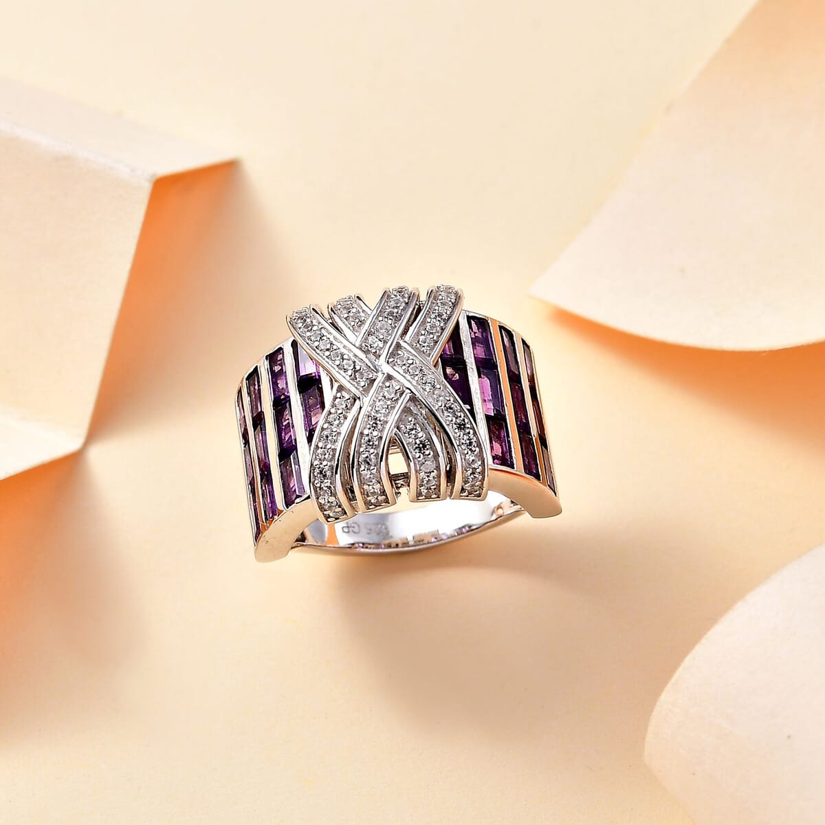 GP Royal Art Deco Collection African Amethyst and White Zircon 3.85 ctw Ring in Rhodium Over Sterling Silver (Size 8.0) image number 1