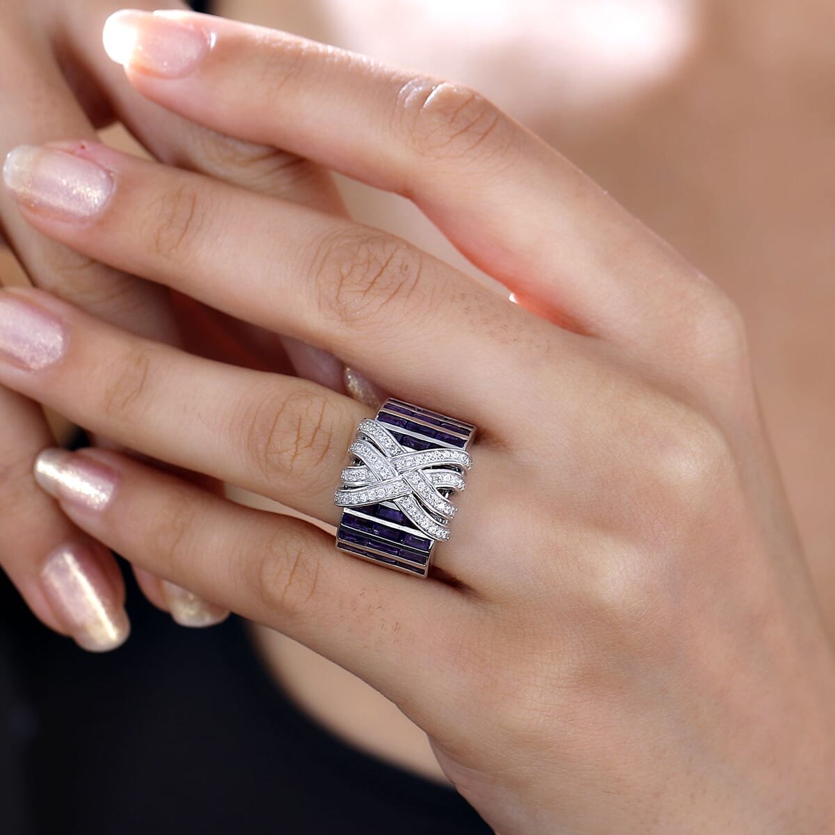 GP Royal Art Deco Collection African Amethyst and White Zircon 3.85 ctw Ring in Rhodium Over Sterling Silver (Size 8.0) image number 2