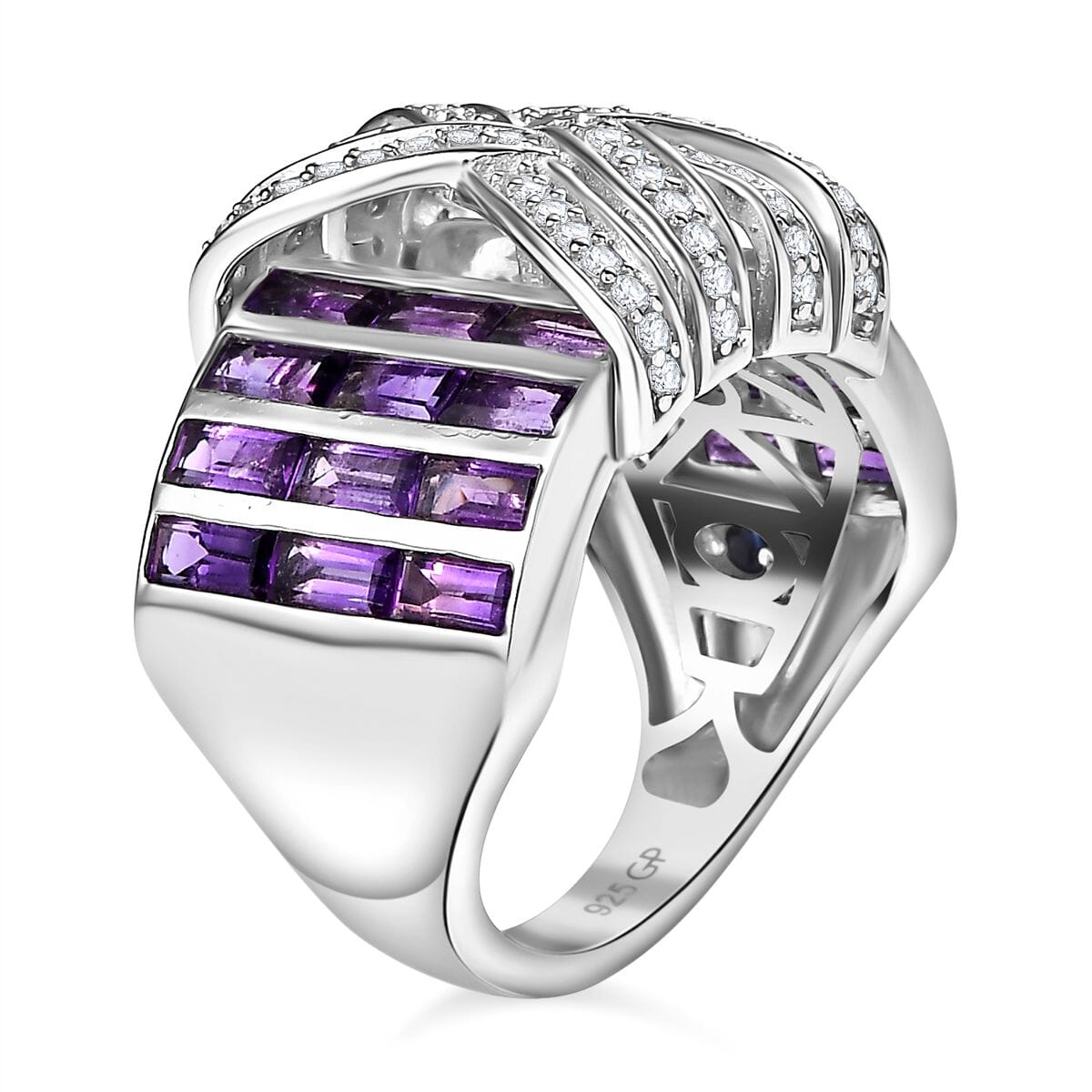GP Royal Art Deco Collection African Amethyst and White Zircon 3.85 ctw Ring in Rhodium Over Sterling Silver (Size 8.0) image number 3