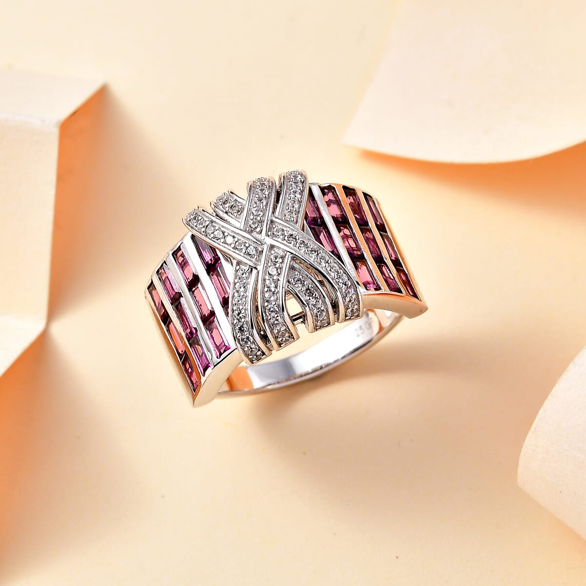 GP Royal Art Deco Collection Orissa Rhodolite Garnet and White Zircon 4.90 ctw Ring in Rhodium Over Sterling Silver (Size 6.0) image number 1