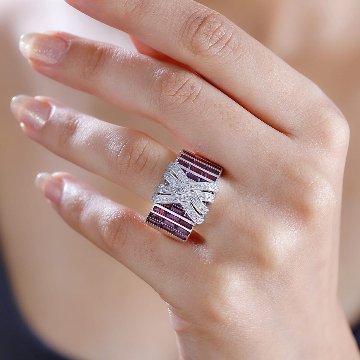 GP Royal Art Deco Collection Orissa Rhodolite Garnet and White Zircon 4.90 ctw Ring in Rhodium Over Sterling Silver (Size 6.0) image number 2