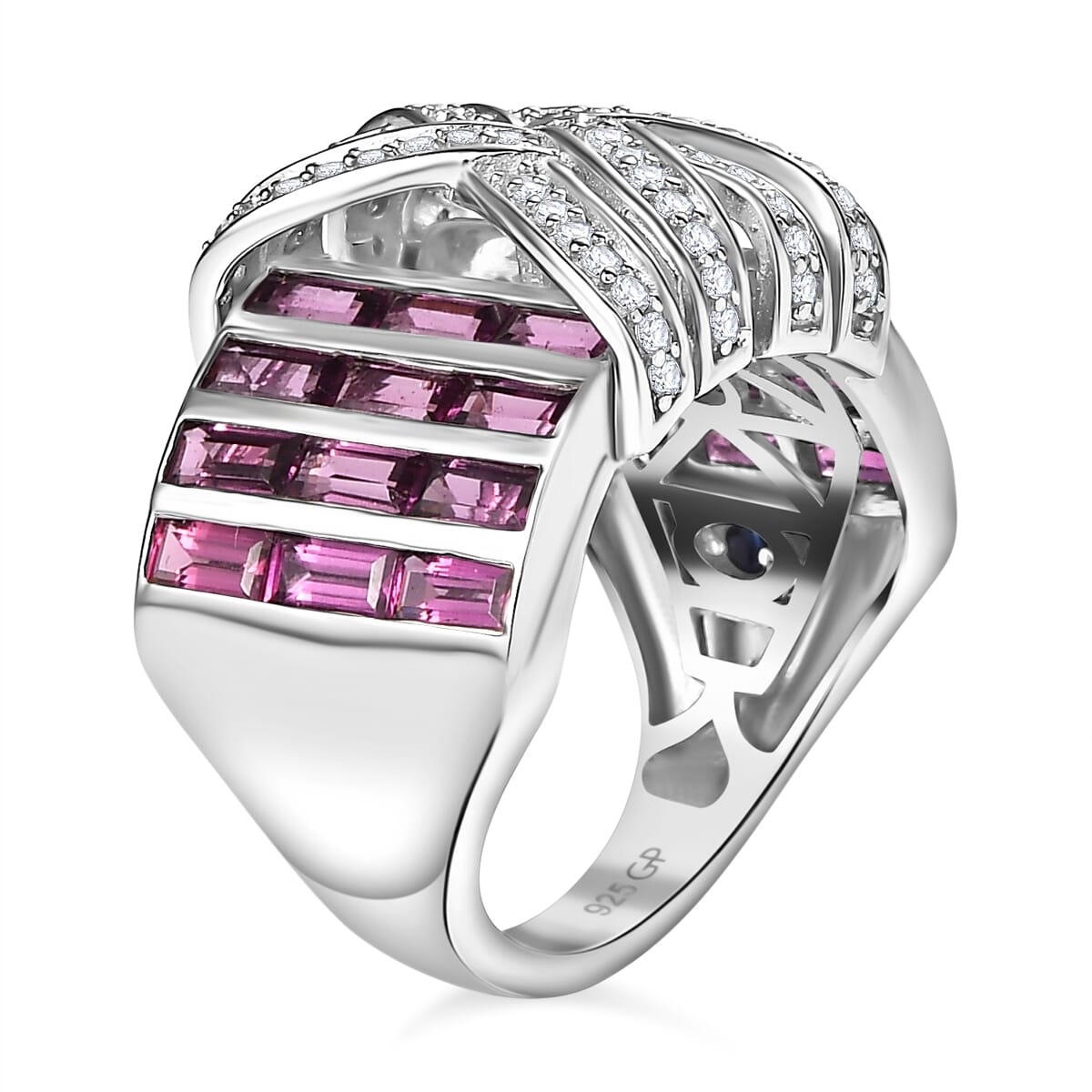 GP Royal Art Deco Collection Orissa Rhodolite Garnet and White Zircon 4.90 ctw Ring in Rhodium Over Sterling Silver (Size 6.0) image number 3