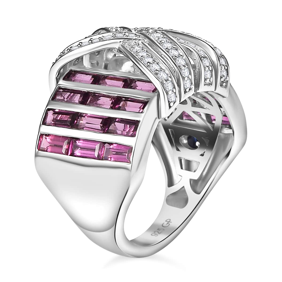 GP Royal Art Deco Collection Orissa Rhodolite Garnet and White Zircon 4.90 ctw Ring in Rhodium Over Sterling Silver (Size 7.0) image number 3