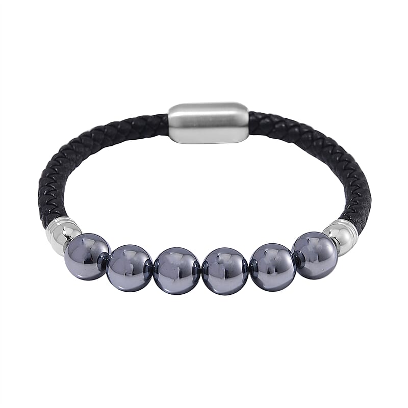 Terahertz Beaded and Leather Cord Men's Bracelet in Stainless Steel (8.50 In) 50.00 ctw