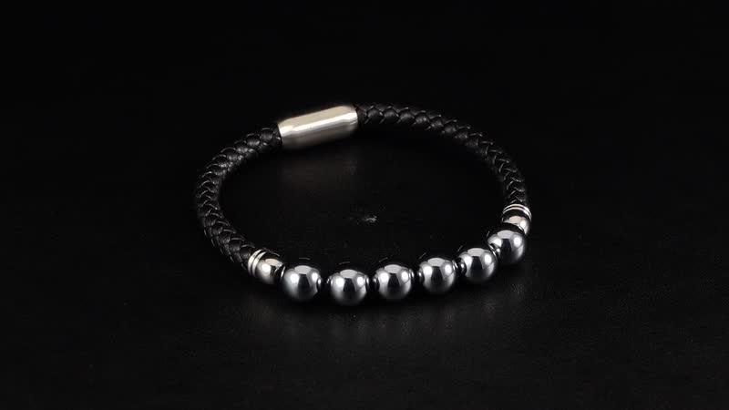 Terahertz Beaded and Leather Cord Men's Bracelet in Stainless Steel (8.50 In) 50.00 ctw