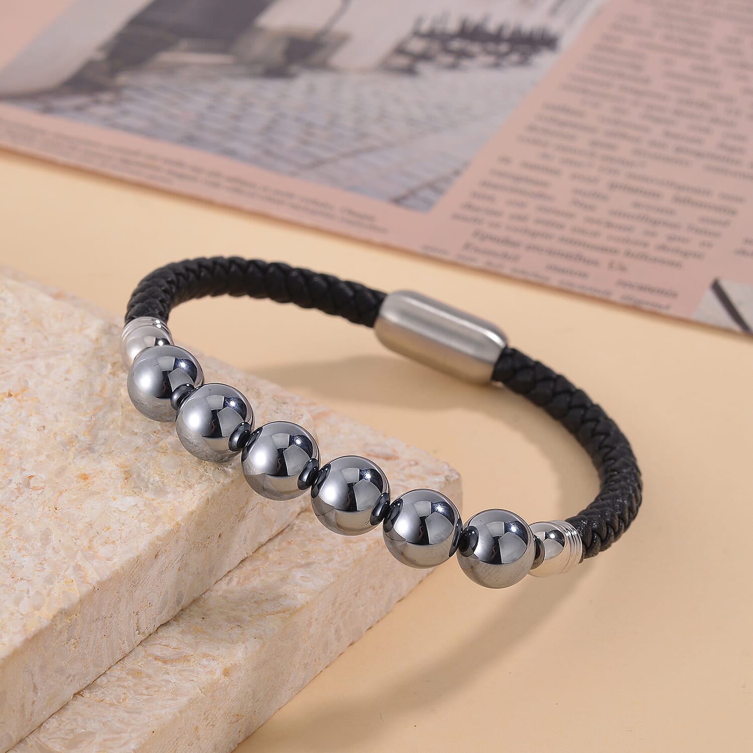 Terahertz Beaded and Leather Cord Men's Bracelet in Stainless Steel (8.50 In) 50.00 ctw