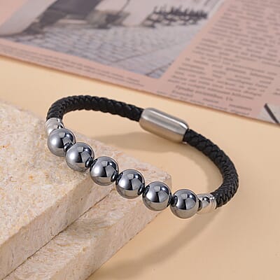Terahertz Beaded and Leather Cord Men's Bracelet in Stainless Steel (8.50 In) 50.00 ctw