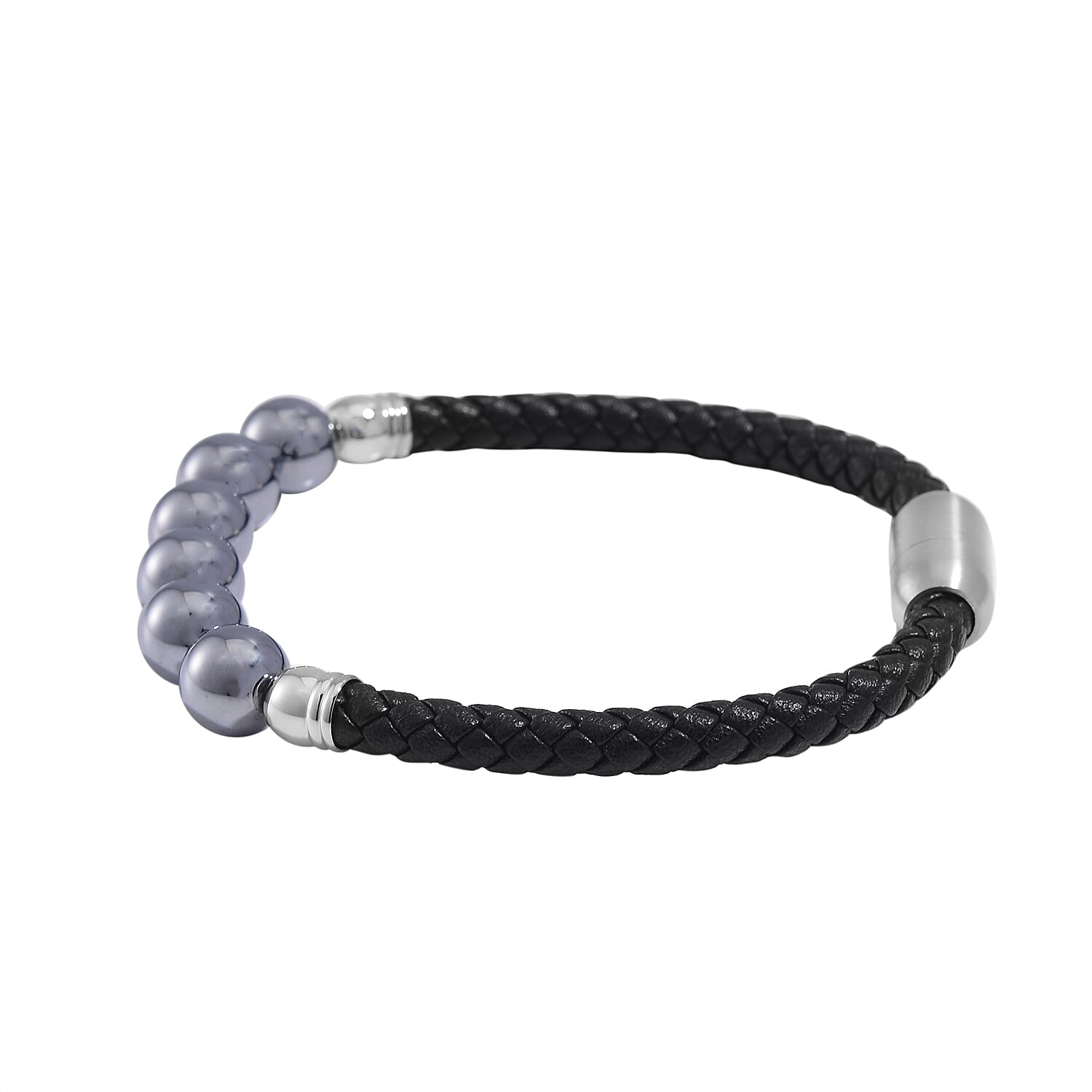 Terahertz Beaded and Leather Cord Men's Bracelet in Stainless Steel (8.50 In) 50.00 ctw
