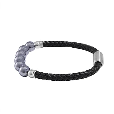 Terahertz Beaded and Leather Cord Men's Bracelet in Stainless Steel (8.50 In) 50.00 ctw
