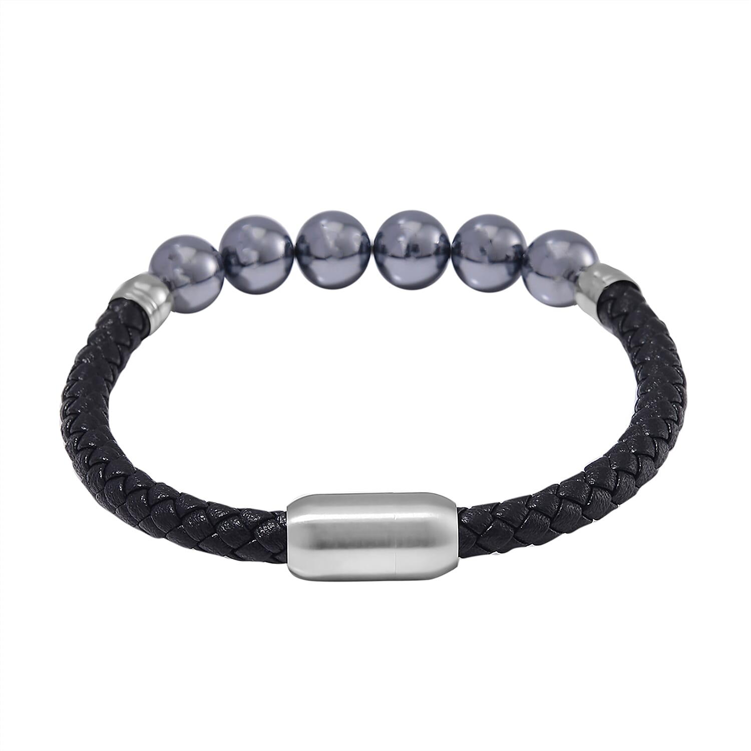 Terahertz Beaded and Leather Cord Men's Bracelet in Stainless Steel (8.50 In) 50.00 ctw