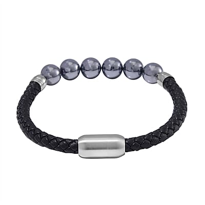 Terahertz Beaded and Leather Cord Men's Bracelet in Stainless Steel (8.50 In) 50.00 ctw