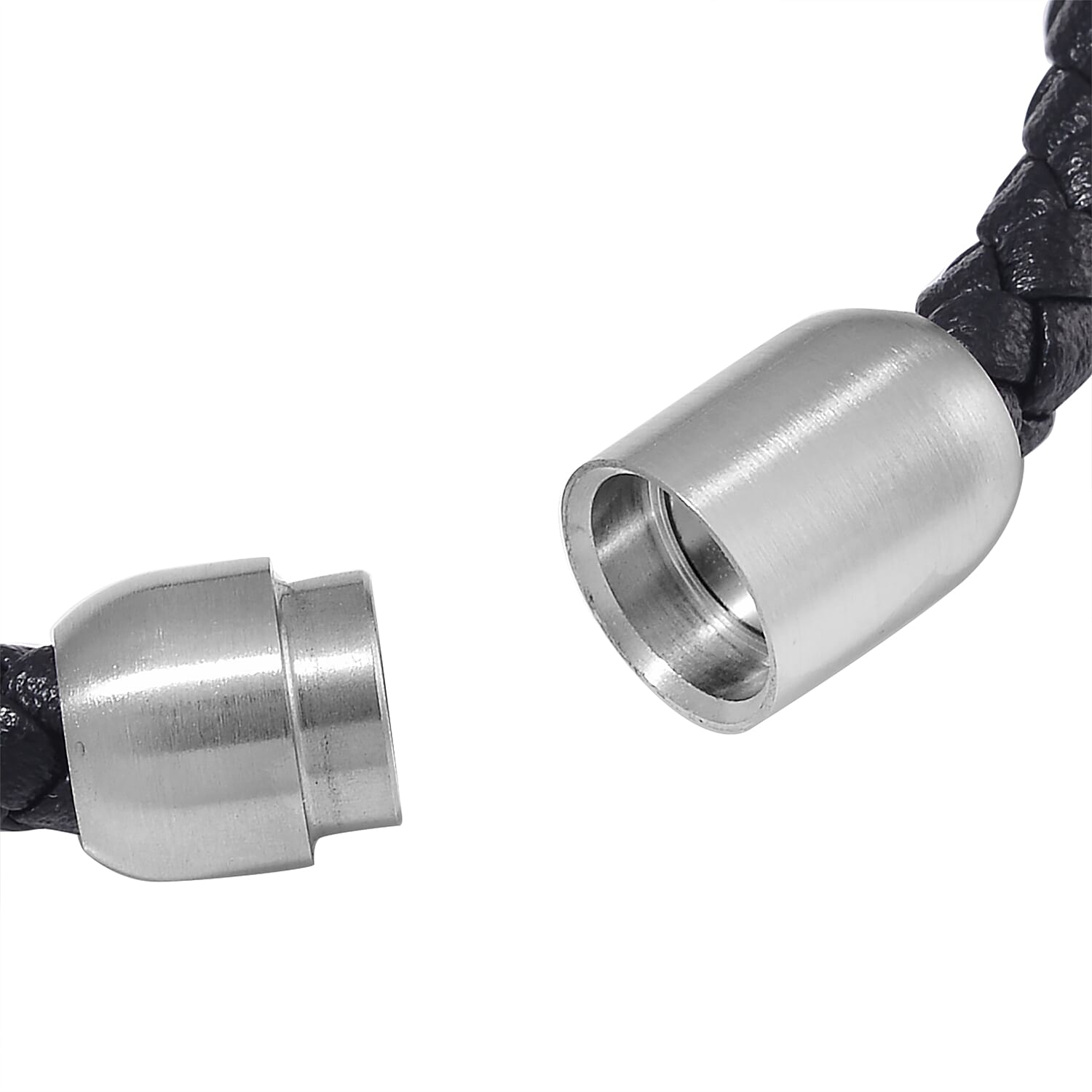 Terahertz Beaded and Leather Cord Men's Bracelet in Stainless Steel (8.50 In) 50.00 ctw