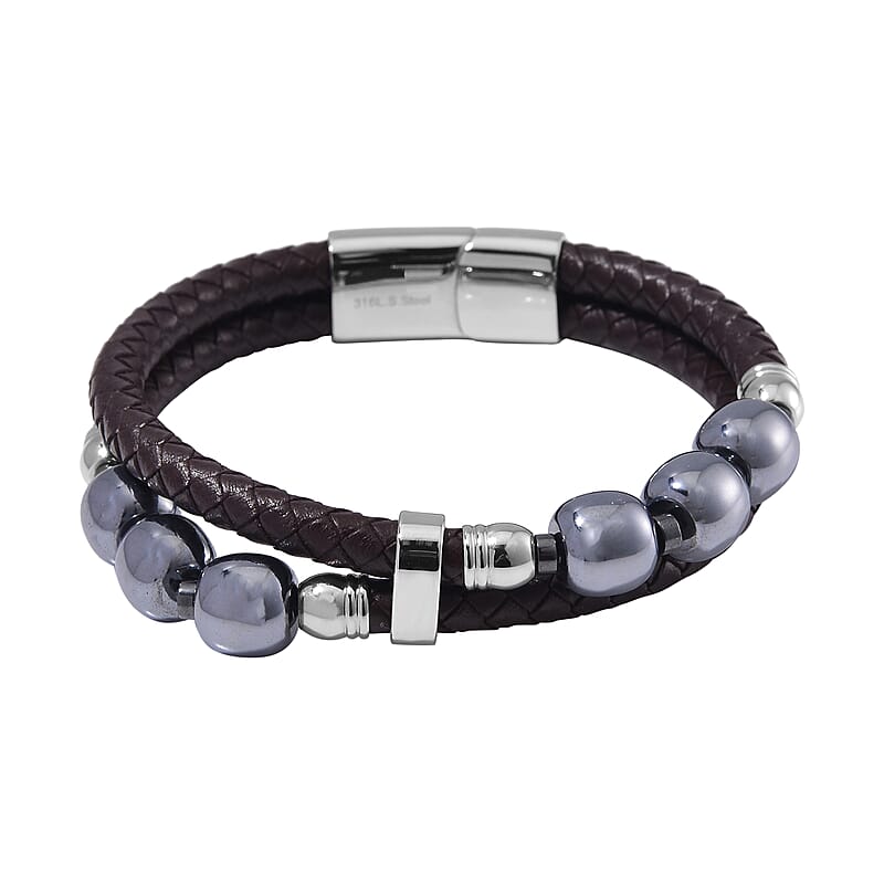 Terahertz and Leather Cord Men's Bracelet in Stainless Steel (8.50 In) 100.00 ctw