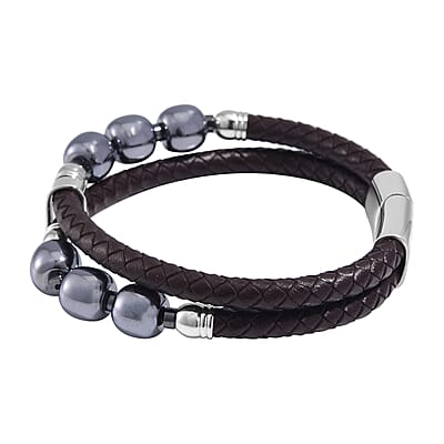 Terahertz and Leather Cord Men's Bracelet in Stainless Steel (8.50 In) 100.00 ctw