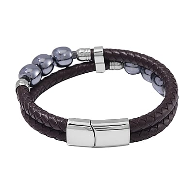 Terahertz and Leather Cord Men's Bracelet in Stainless Steel (8.50 In) 100.00 ctw